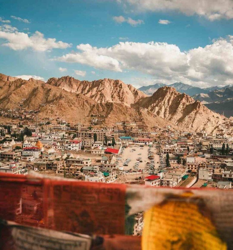 Leh Ladakh city view with traditional houses and mountain landscapes